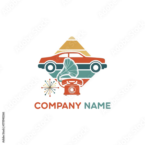 Retro Car and Vintage Technology Logo Design with Diamond Shape.