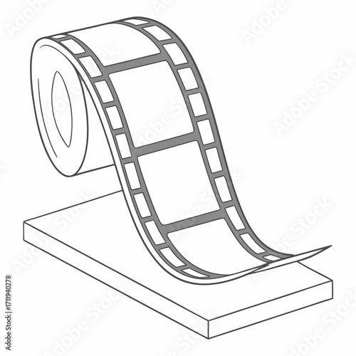 A roll of blank film strip unspooling onto a flat surface symbolizing cinema and storytelling