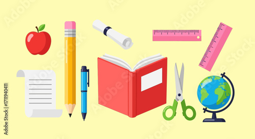 School Supplies and Educational Objects Illustration for Learning and Education.