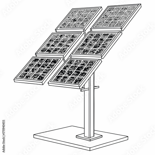 Clean energy concept illustration of a freestanding solar panel array with six photovoltaic modules on a white background