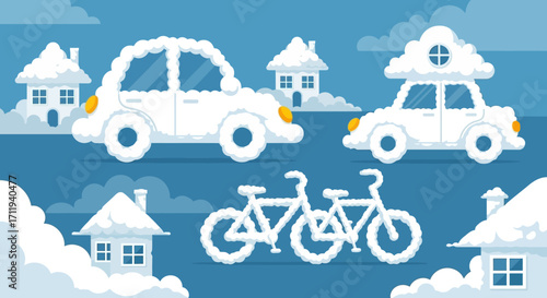 Snow-Covered Vehicles and Houses - A Winter Wonderland Scene.