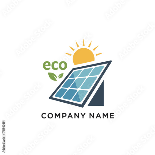 Solar Panel with Sun and Eco Logo for Renewable Energy Company.