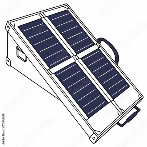 Foldable portable solar panel charger with dark blue photovoltaic cells and carrying handles