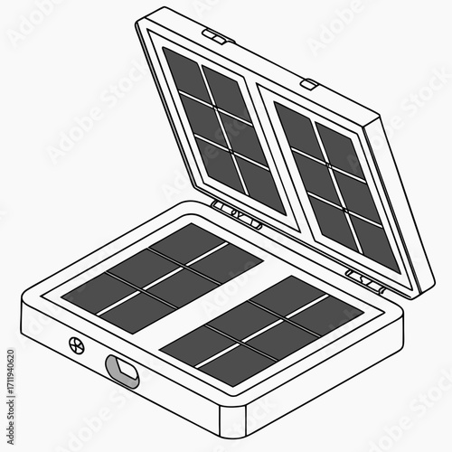 Compact portable solar panel charger device opened for use showing multiple photovoltaic cells