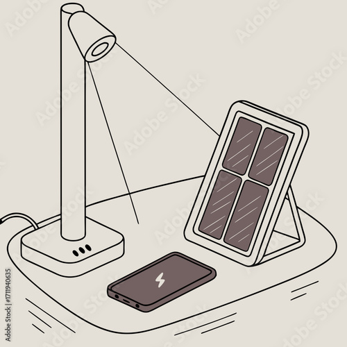 Desk lamp illuminating a solar panel charging a smartphone with a lightning bolt symbol