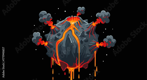 Stylized Volcano Eruption with Lava Flow and Smoke Plumes.