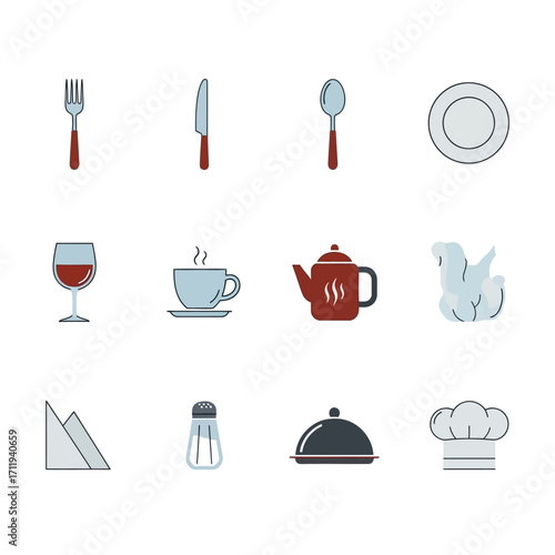 Table Setting Icons - Fork, Knife, Spoon, Plate, Wine Glass, Teapot, Napkin.