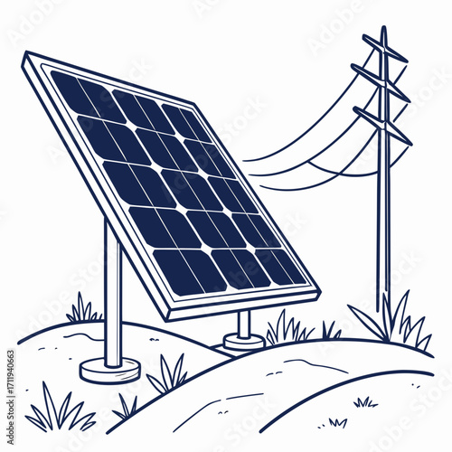 Hand drawn illustration of a solar panel connected to power lines on a sunny day