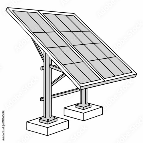 Illustration of a freestanding solar panel array mounted on a metal support structure with concrete foundations