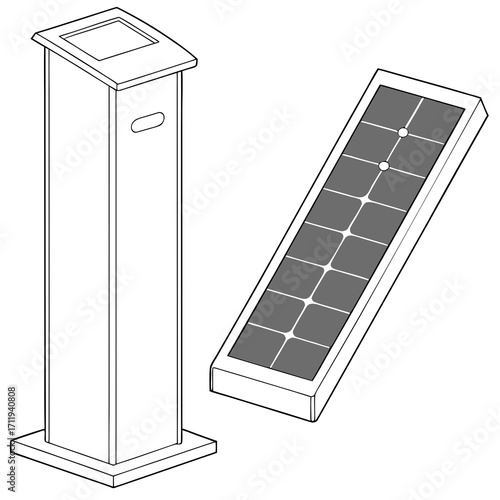Illustration of a solar powered information kiosk and a separate solar panel module