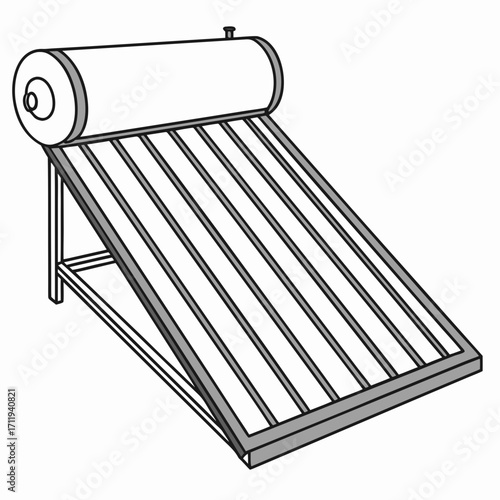 Illustration of a solar water heater system with a tank and collector panels on a stand