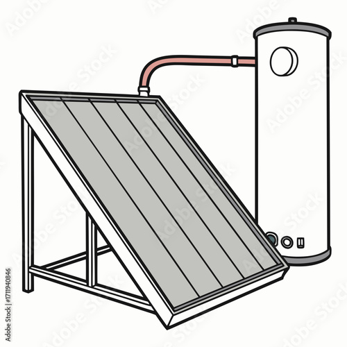 Illustration of a solar water heater system with a collector panel and storage tank