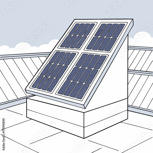 Illustration of rooftop solar panels angled towards the sky on a cloudy day