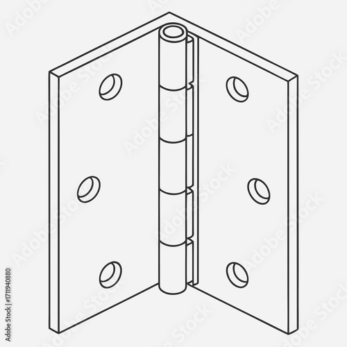 Isometric line art illustration of an open door hinge with six screw holes on a plain background