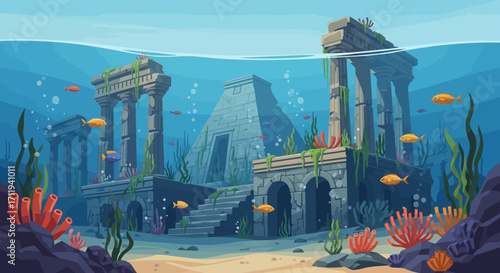 Underwater Ruins of an Ancient City with Fish and Coral Reefs.