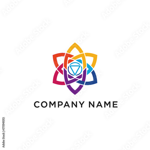Vibrant Geometric Flower Logo Design with Chakra Colors and Triangle Center.