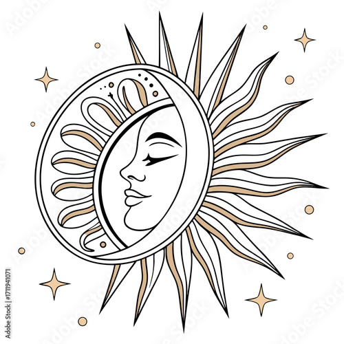 Mystical celestial crescent moon face embraced by radiant sun rays and twinkling stars
