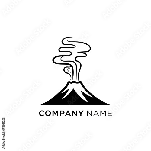 Volcano Eruption Logo Design with Smoke and Mountain Silhouette for Company Branding.
