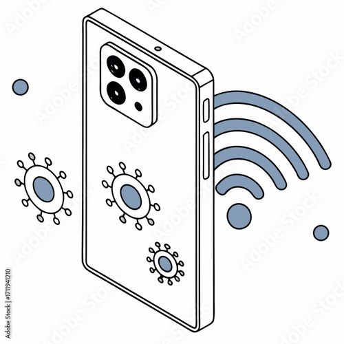 Smartphone displaying wireless signal and virus icons in isometric perspective