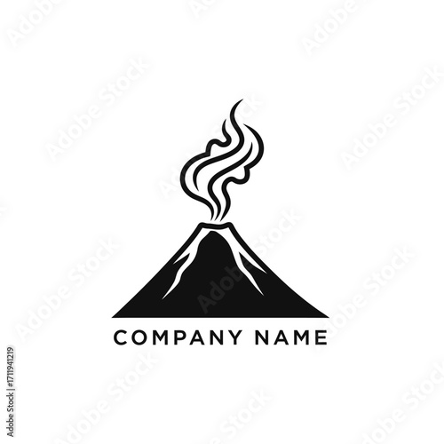 Volcano Eruption Logo Design with Smoke and Lava, Minimalist Mountain Peak Icon.
