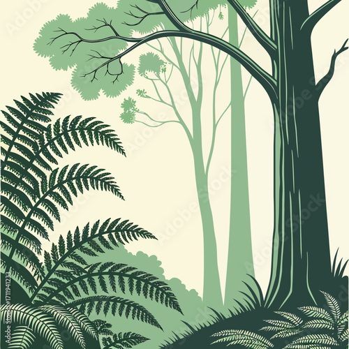 Stylized forest scene with ferns and tall trees in shades of green