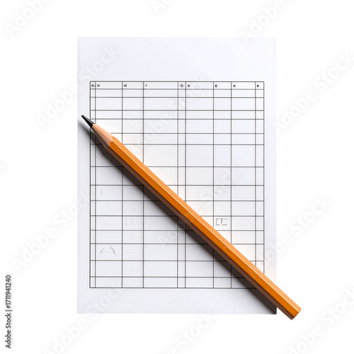 Classic yellow pencil resting on a blank grid scorecard for a game like golf, isolated and cut out on Transparent Background