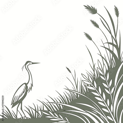 Stylized heron standing in tall grass and reeds with a white background