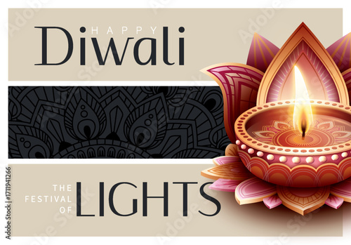 Happy Diwali festival with oil lamp, Rangoli decoration with Diya, Diwali holiday Background with rangoli, Diwali celebration greeting card,vector.