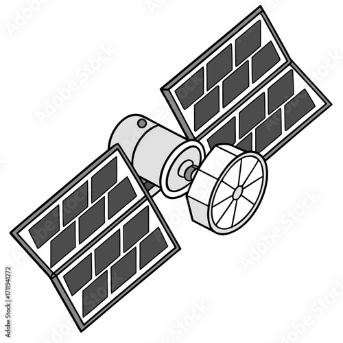 Stylized illustration of a modern satellite with large solar panels orbiting in space