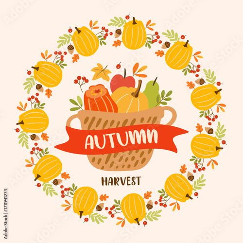 autumn wreath of pumpkin, autumn event decoration, advertisement, poster, banner,  harvest festival, fall,  hand drawn creative vector illustration