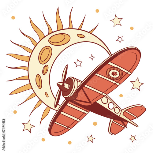 Whimsical vintage airplane flies past a crescent moon and sun with stars and dots