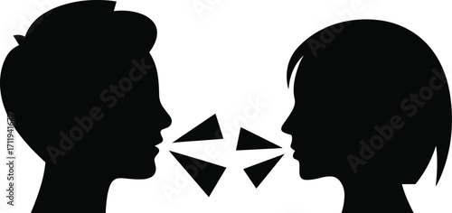 Silhouette of man and woman talking with speech bubbles, communication concept, conversation, dialogue, message exchange, social interaction icon