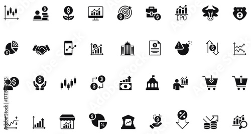Stock market & finance solid vector collection icon set with trading, investment, chart, & analysis symbols. Perfect for growth, presentation, buy, sell, economy, exchange, govt, earning, company.