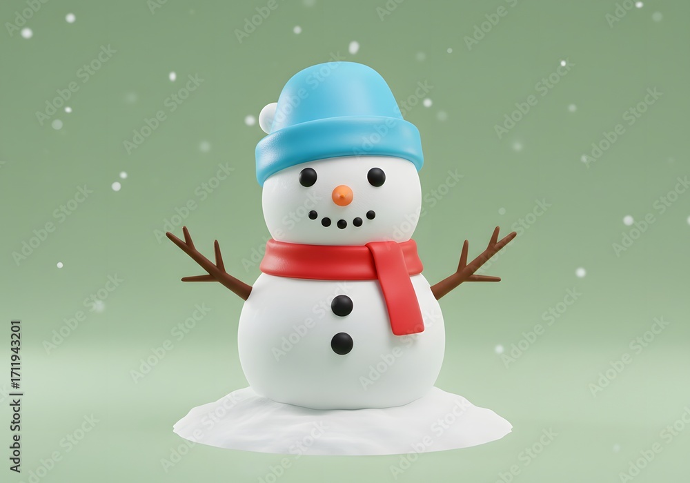 Fototapeta premium A charming 3D rendered snowman wearing a blue hat and red scarf, with a carrot nose and twig arms.