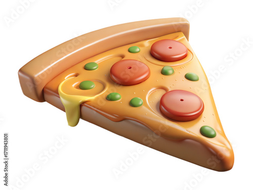 Delicious slice of pepperoni pizza with melted cheese and green peppers on a black background