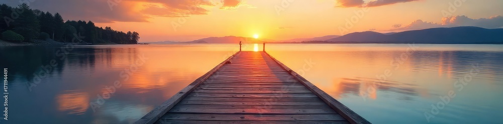 Naklejka premium Tranquil scene of a wooden dock extending into calm water, meeting a serene shoreline at sunset Perfect for travel, nature, and relaxation themes , ocean, sea