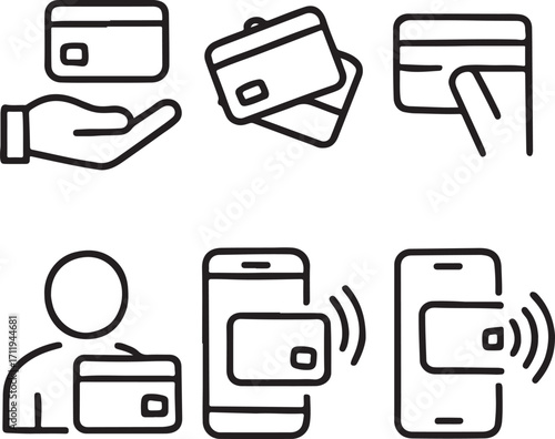 Set of six icons illustrating payment and mobile transactions