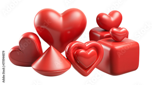A monochromatic collection of shiny red hearts and gift boxes for valentine's day romance