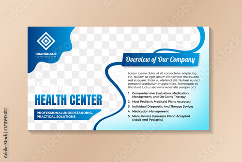 Medical health center template design on horizontal layout. multicolored blue gradient on element and background. vector illustration on liquid concept with photo space