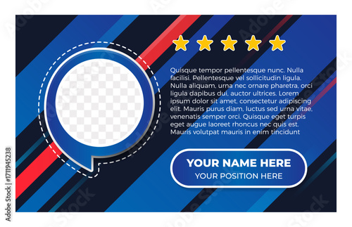 Customer review section template design with a photo placeholder and stars. Creative client testimonial vector with blue and red colors. Customer service feedback and testimonials design for websites.
