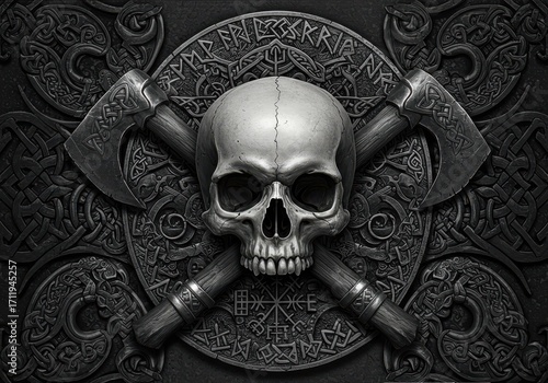 A grayscale skull, crossed by two axes, is set amidst intricate, detailed carvings and patterns.