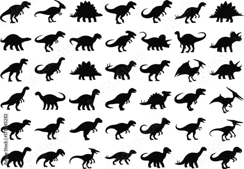 Dinosaur silhouettes, prehistoric creatures, black profile icons, extinct species, fossil illustration, Jurassic animals, educational graphic, ancient wildlife, reptile shapes, evolution art