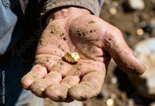 Prospector hand holding raw gold nugget in dirt, closeup of male miner outdoors during daytime excavation and discovery