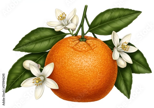 Illustration of a ripe orange with leaves and white flowers.