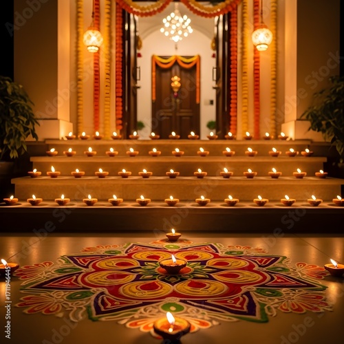 A beautifully decorated home entrance illuminated with glowing oil lamps and a vibrant rangoli design for the Hindu festival of Diwali