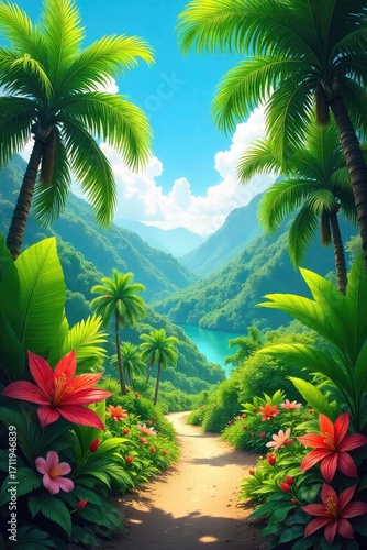 Vibrant, sun-drenched greenery in a lush, tropical paradise Perfect for travel, nature, and summer themes Leaves, flowers, and clear blue skies create a refreshing backdrop , fresh, pattern
