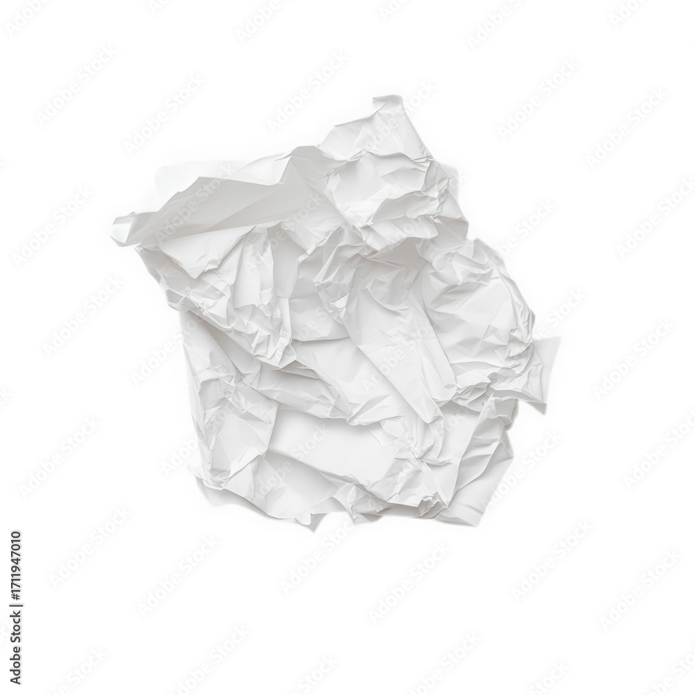 Naklejka premium Detailed view of a crumpled white paper, isolated on transparent background, revealing its complex structure, delicate creases, and the subtle variations in its tone