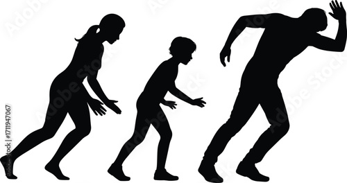 Silhouette of playful family, mother chasing child, child running, father running away, happy moments, fun activity, isolated black figures, white background, vector illustration.