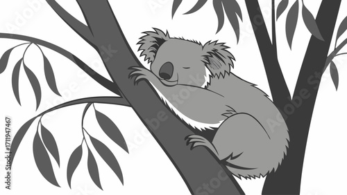 Adorable Koala Sleeping in Eucalyptus Tree Monochrome Illustration Wildlife Nature Animal Art.