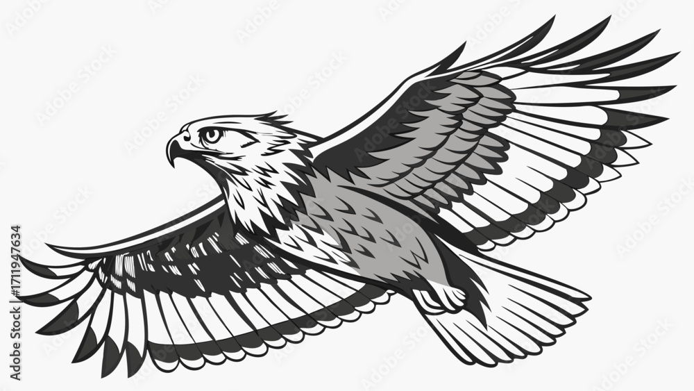 Fototapeta premium Bird of prey in flight grayscale illustration vector art wildlife avian wings feathers soaring predator majestic nature animal graphic design tattoo emblem logo symbol wildlife a.